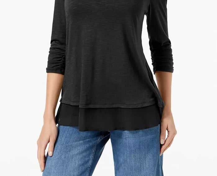 Style & Co Women's Chiffon-Hem Top Black Size Extra Large