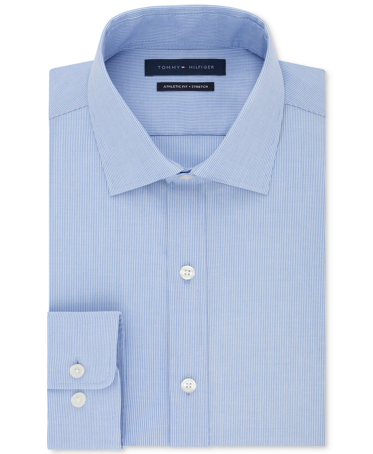Tommy Hilfiger Men's Athletic Fit Performance Stretch TH Flex Collar Fineline Stripe Dress Shirt Blue Size 17.5x34-35