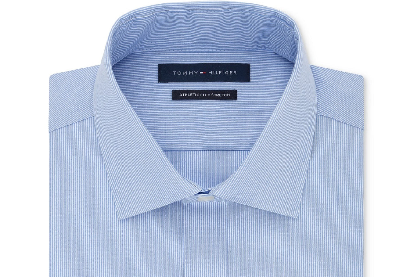 Tommy Hilfiger Men's Athletic Fit Performance Stretch TH Flex Collar Fineline Stripe Dress Shirt Blue Size 17.5x34-35