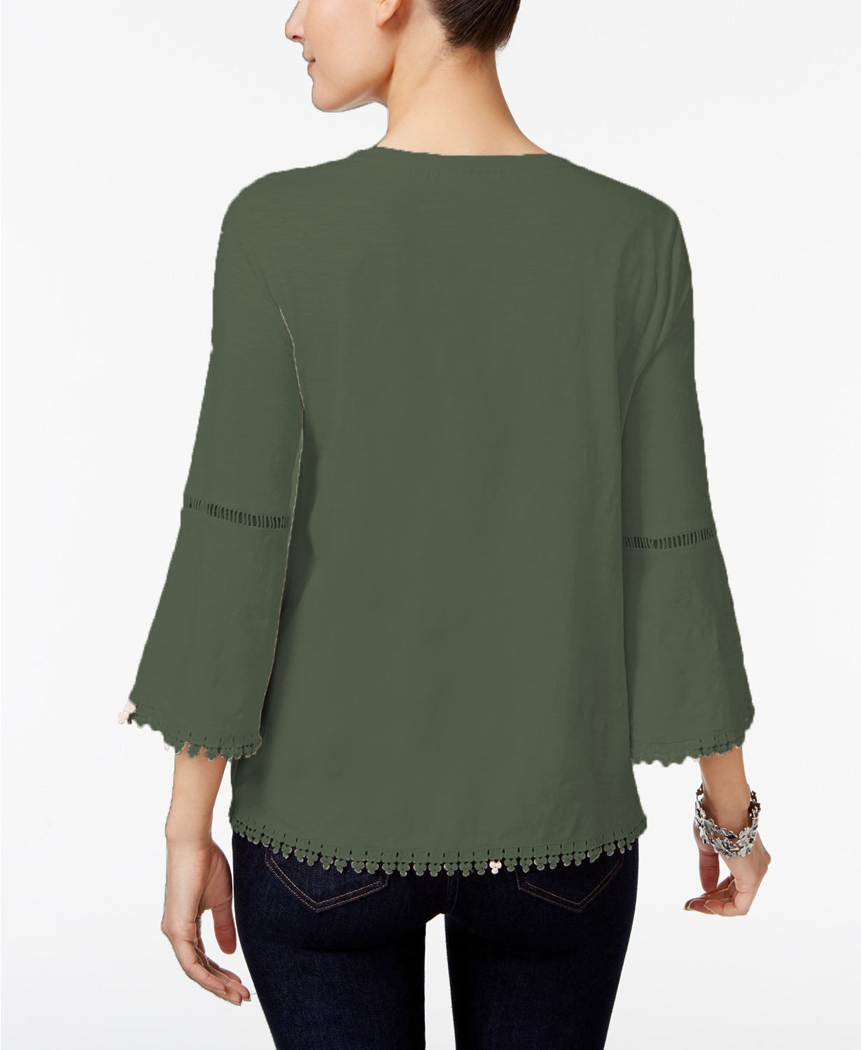 Style & Co Women's Petite Crochet-Trim Bell-Sleeve Top Olive Size Medium