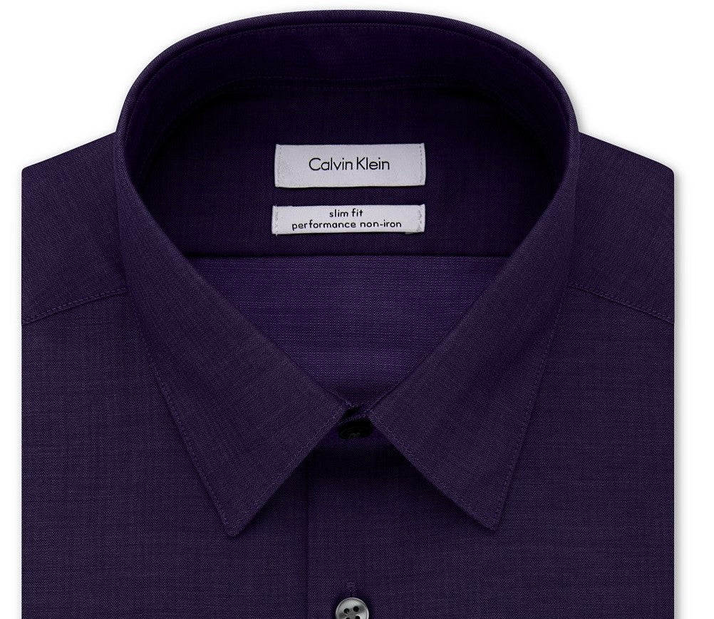 Calvin Klein Men's Slim Fit Non Iron Performance Herringbone Point Collar Dress Shirt Purple Size 17-34-35