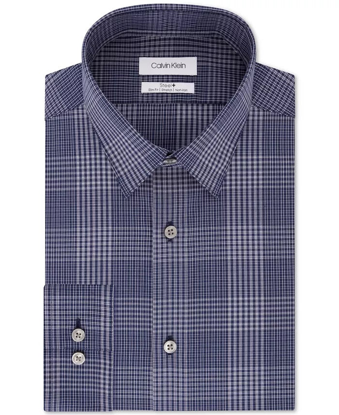 Calvin Klein Steel Men's Slim Fit Stretch Performance Non Iron Temperature Regulating Blue Check Dress Shirt Navy Size 15X34X35