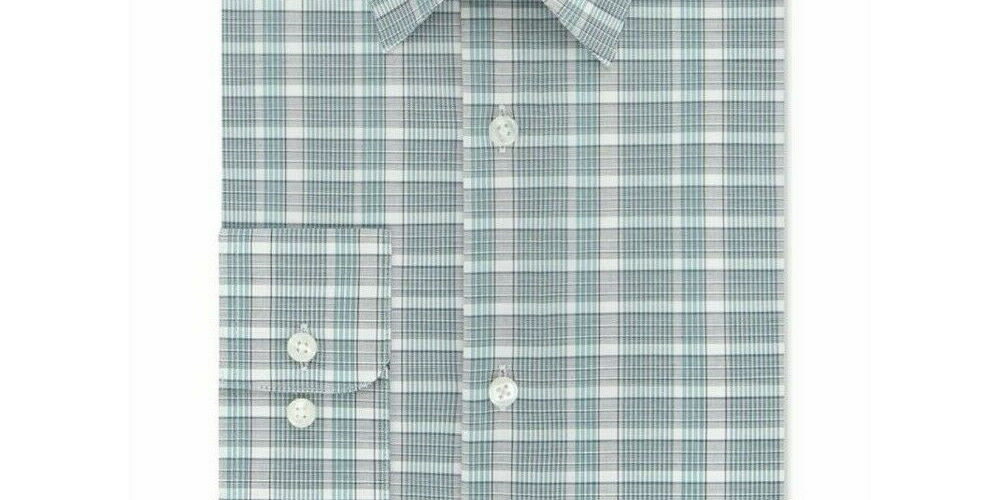 Calvin Klein Men's Steel Classic Fit Non-Iron Performance Stretch Green Check Dress Shirt Green Size 15.5x32-33