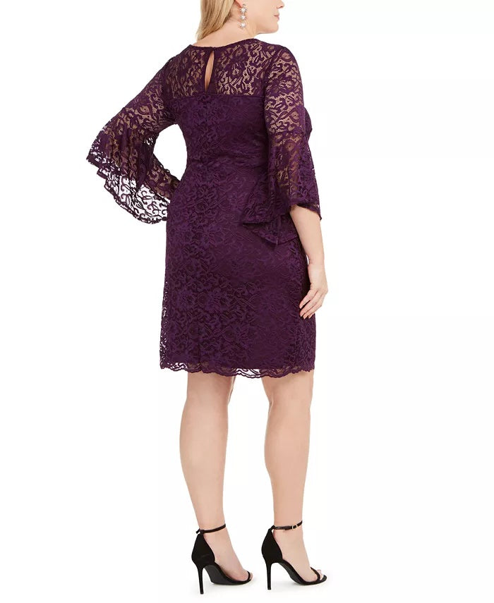 Love Women's Squared Trendy Plus Size Bell-Sleeve Lace Dress Purple Size XX-Large