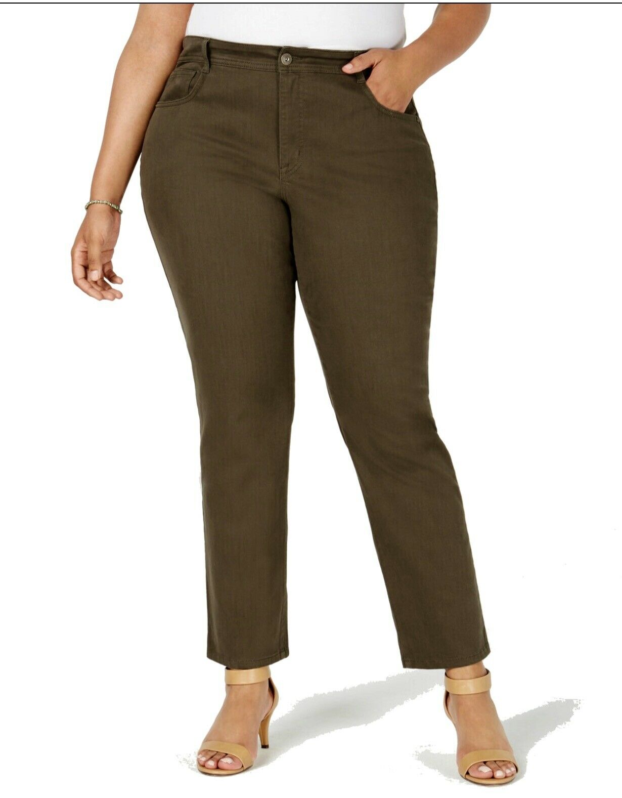 Style & Co Women's Plus Size Tummy-Control Slim-Leg Jeans Olive Size 18W