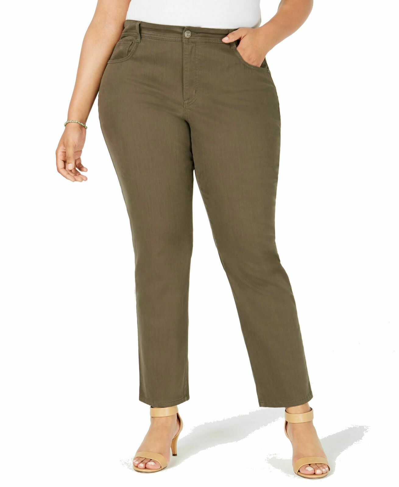 Style & Co Women's Plus Size Tummy-Control Slim-Leg Jeans Olive Size 24W