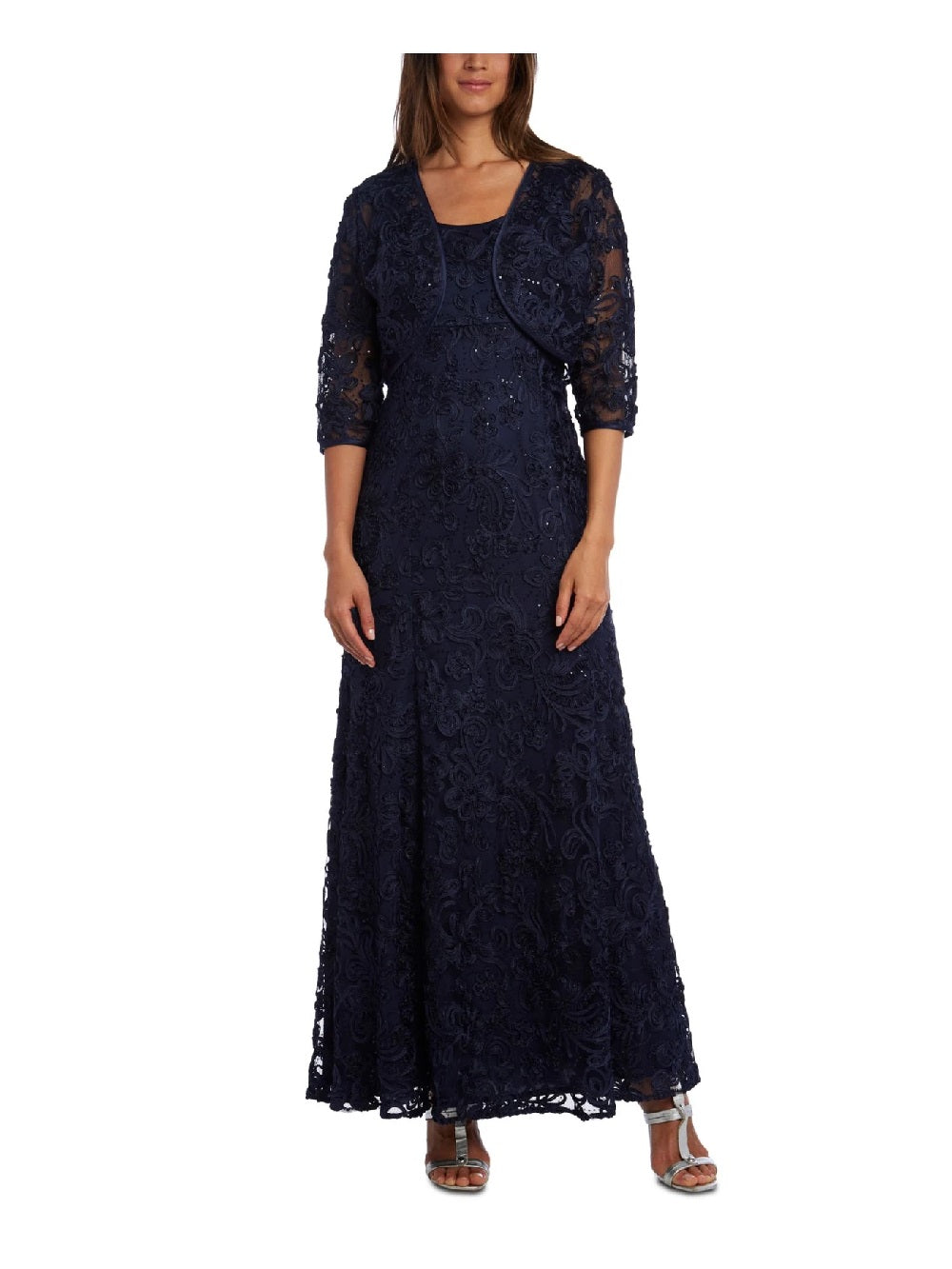 R & M Richards Women's Embellished Soutache Gown & Bolero Jacket Navy Size 6
