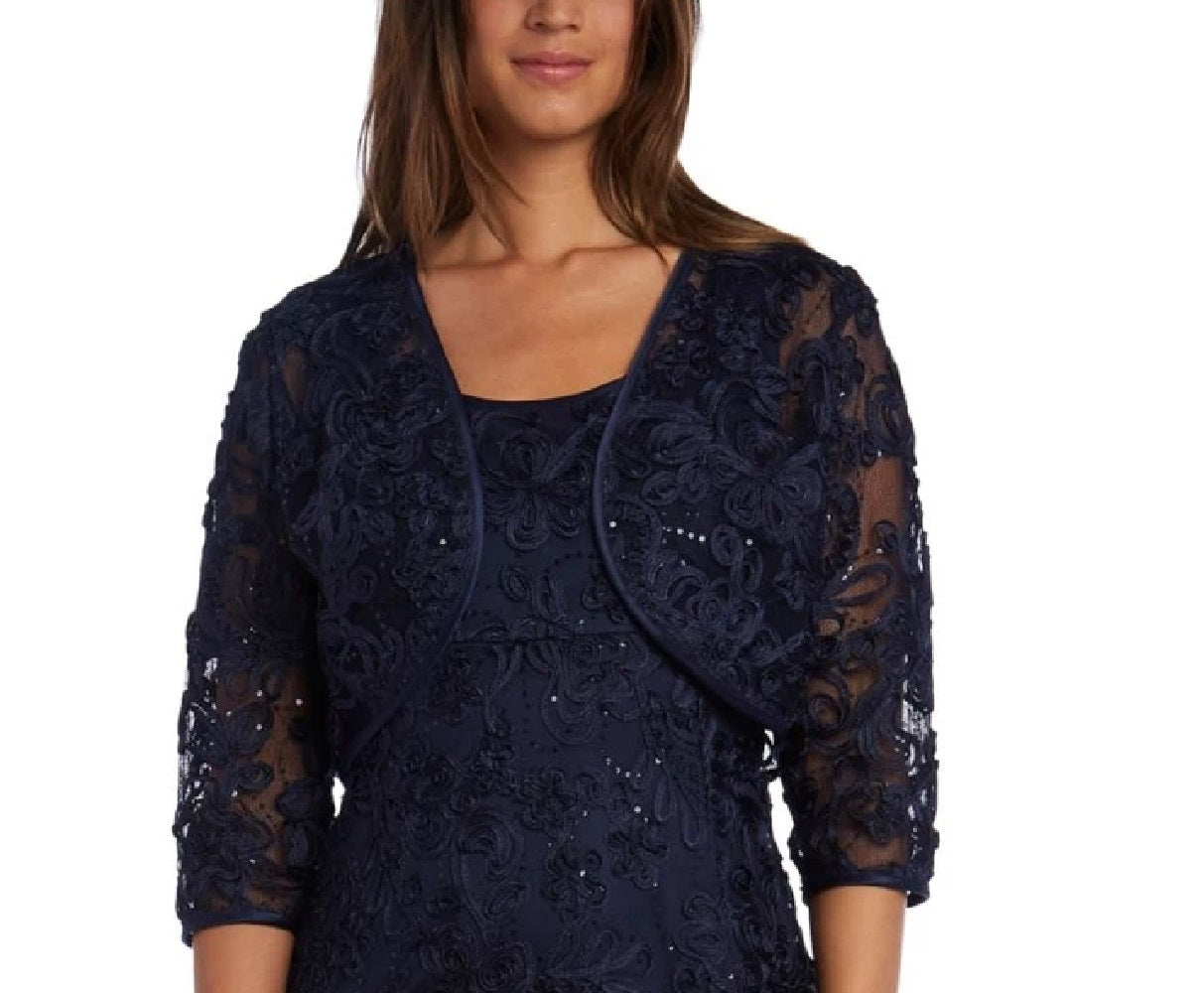 R & M Richards Women's Embellished Soutache Gown & Bolero Jacket Navy Size 6