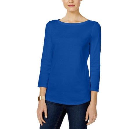 Charter Club Women's Pima Cotton Boat-Neck Button-Shoulder Top Blue Size Small