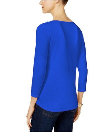 Charter Club Women's Pima Cotton Boat-Neck Button-Shoulder Top Blue Size Small