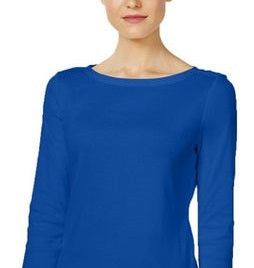 Charter Club Women's Pima Cotton Boat-Neck Button-Shoulder Top Blue Size 2 Extra Large