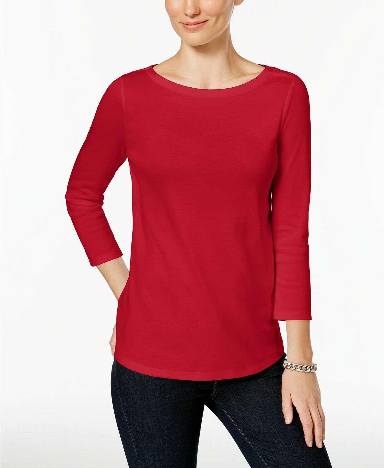 Charter Club Women's Petite Pima Cotton Button-Shoulder Top Red Size Medium