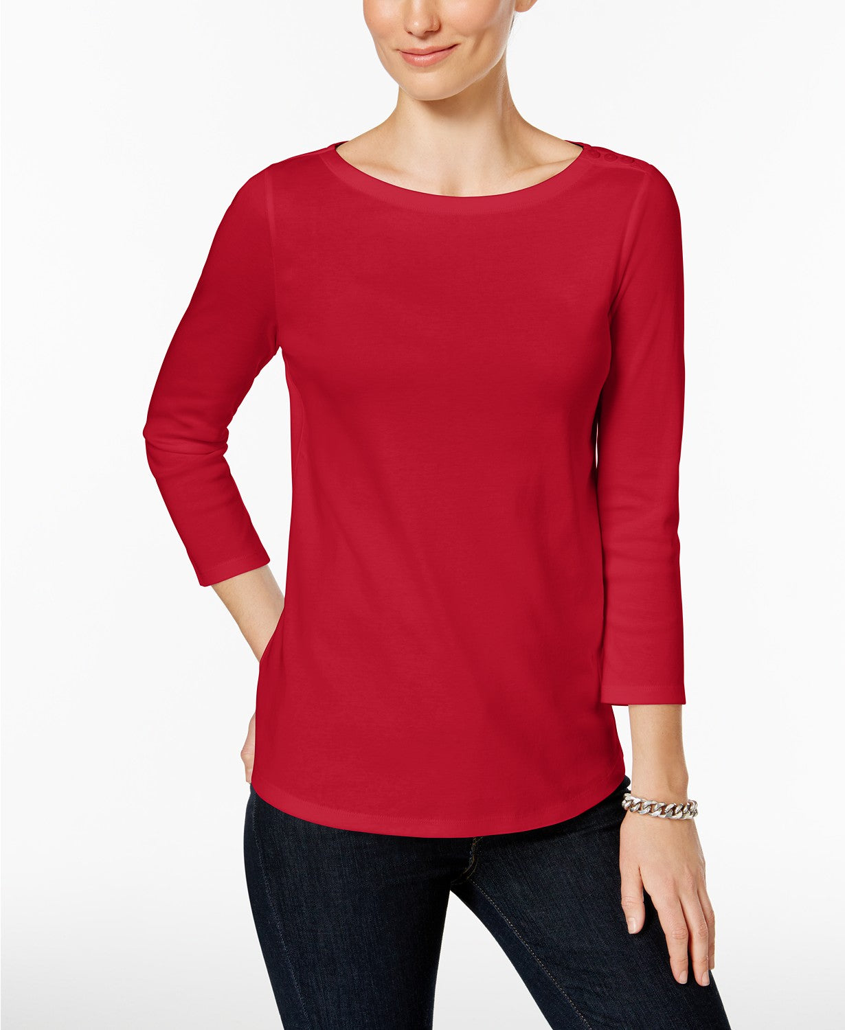 Charter Club Women's Petite Pima Cotton Button-Shoulder Top Medium Red Size Large