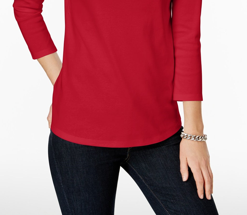 Charter Club Women's Petite Pima Cotton Button-Shoulder Top Medium Red Size Large