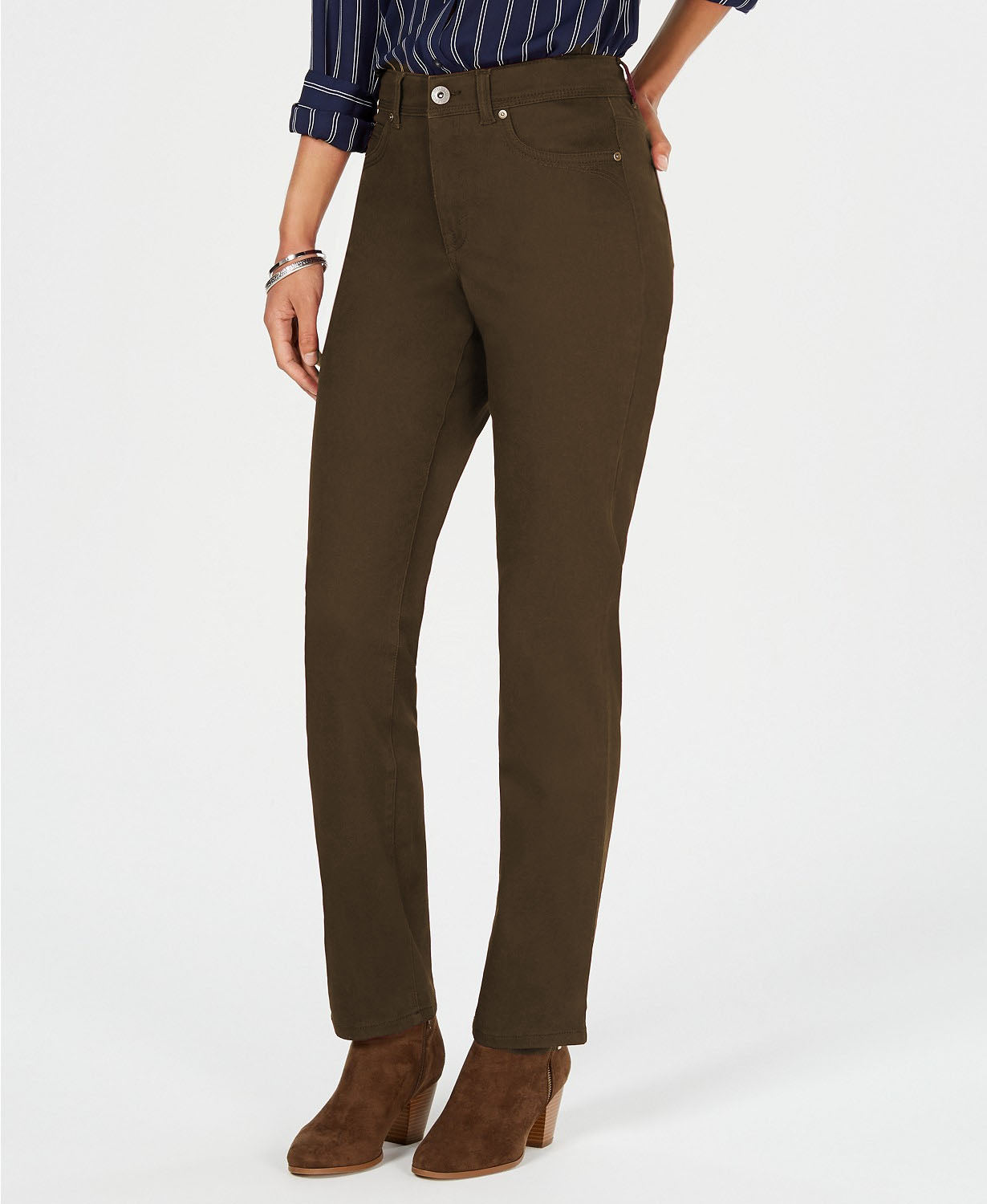 Style & Co Women's Rail Tummy-Control Straight-Leg Jeans Olive Size 10 Short
