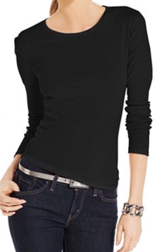 Charter Club Women's Pima Cotton Long-Sleeve Top Black Size Small