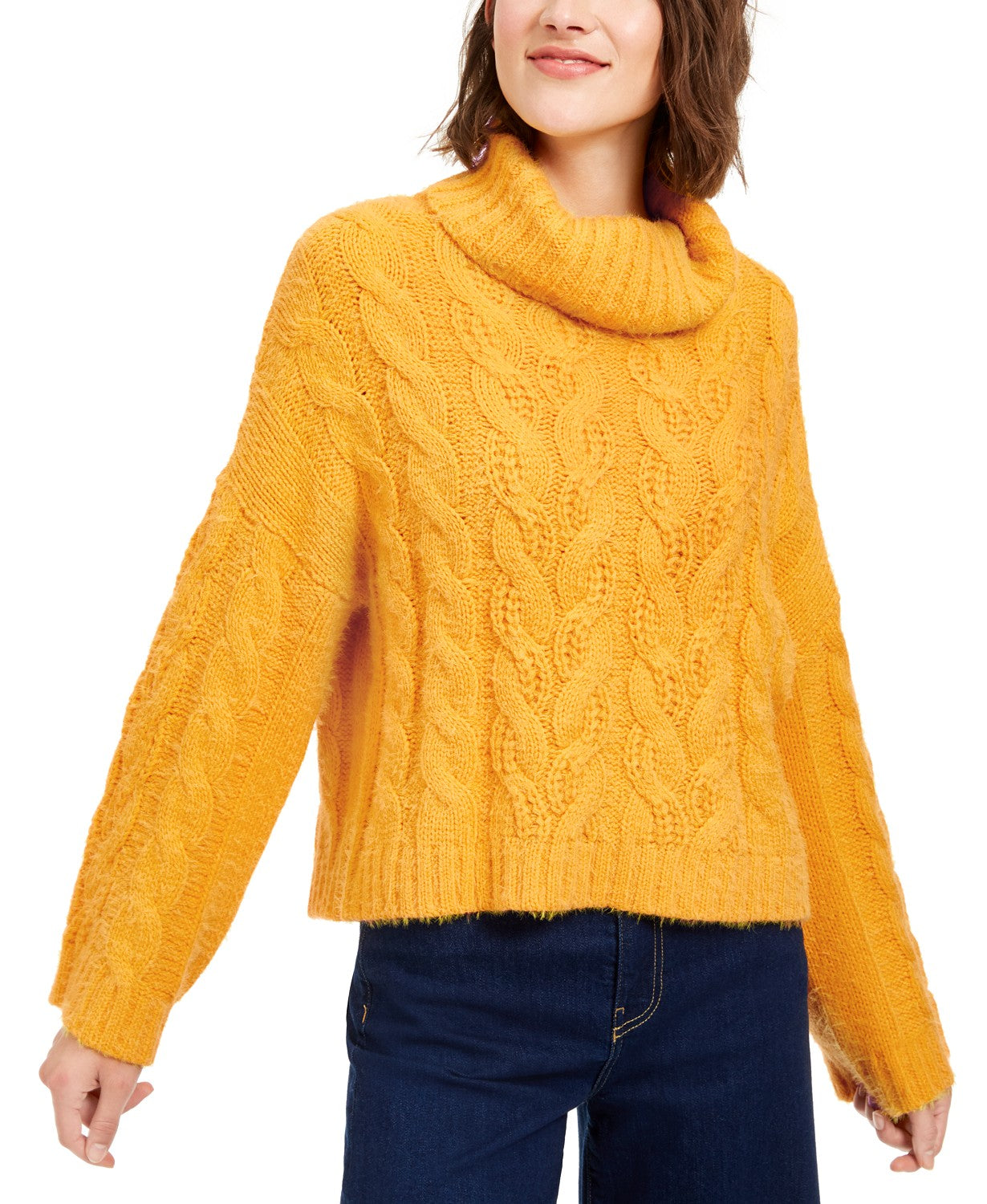 Sun + Moon Women's Cowl-Neck Cable-Knit Sweater Yellow Size Extra Large