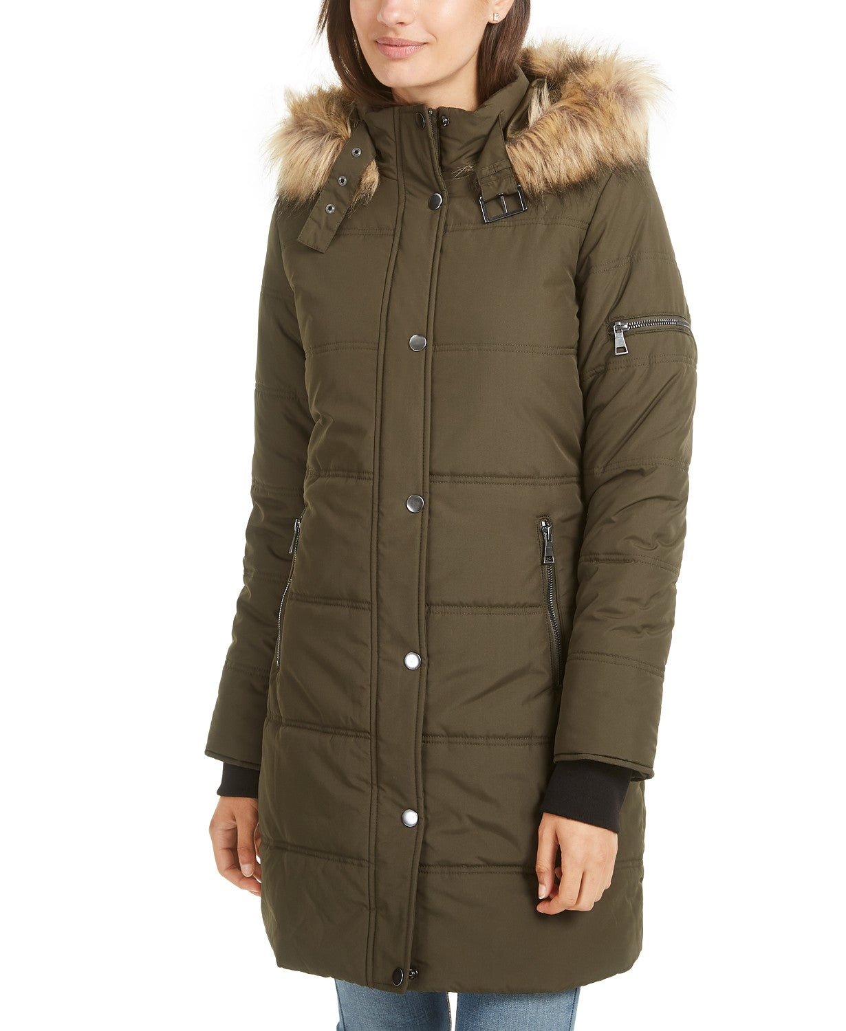 Maralyn & Me Juniors'  Faux-Fur-Trim Hooded Puffer Coat Green Size Medium