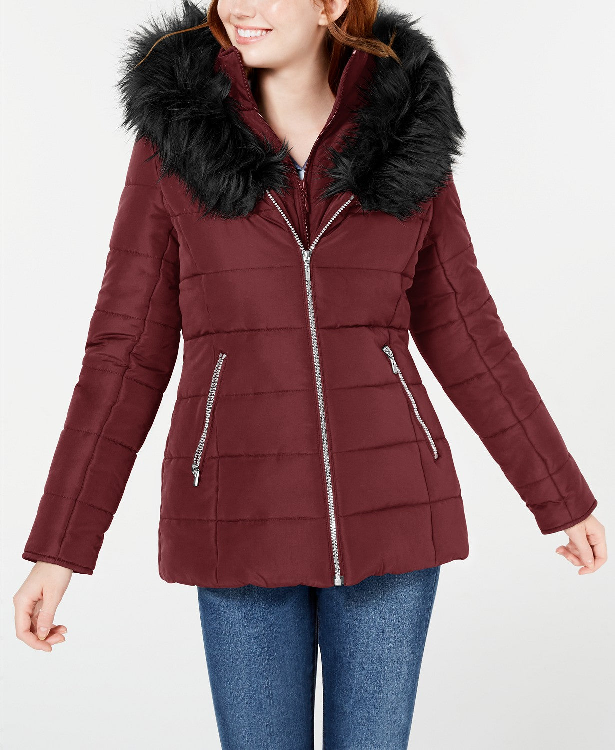 Maralyn & Me Juniors' Hooded Faux-Fur-Trim Puffer Coat Wine Size Medium