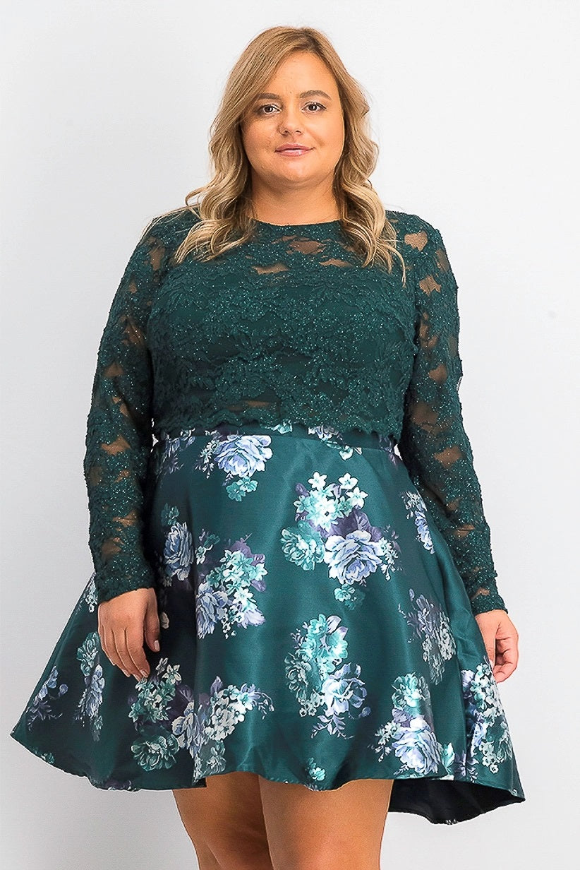 City Studios Women's Trendy Plus Size 2-Pc. Lace & Floral-Print Dress Dark Green Size 16W