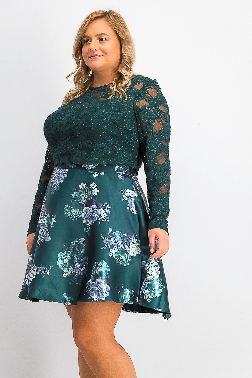 City Studios Women's Trendy Plus Size 2-Pc. Lace & Floral-Print Dress Dark Green Size 16W