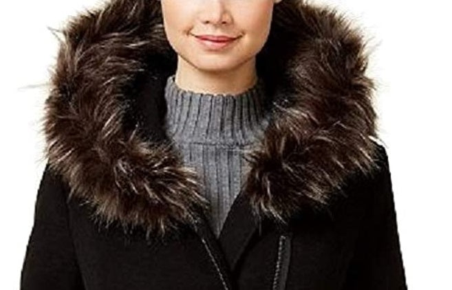 Maralyn & Me Juniors'  Faux-Faux-Trim Hooded Coat Black Size Extra Large