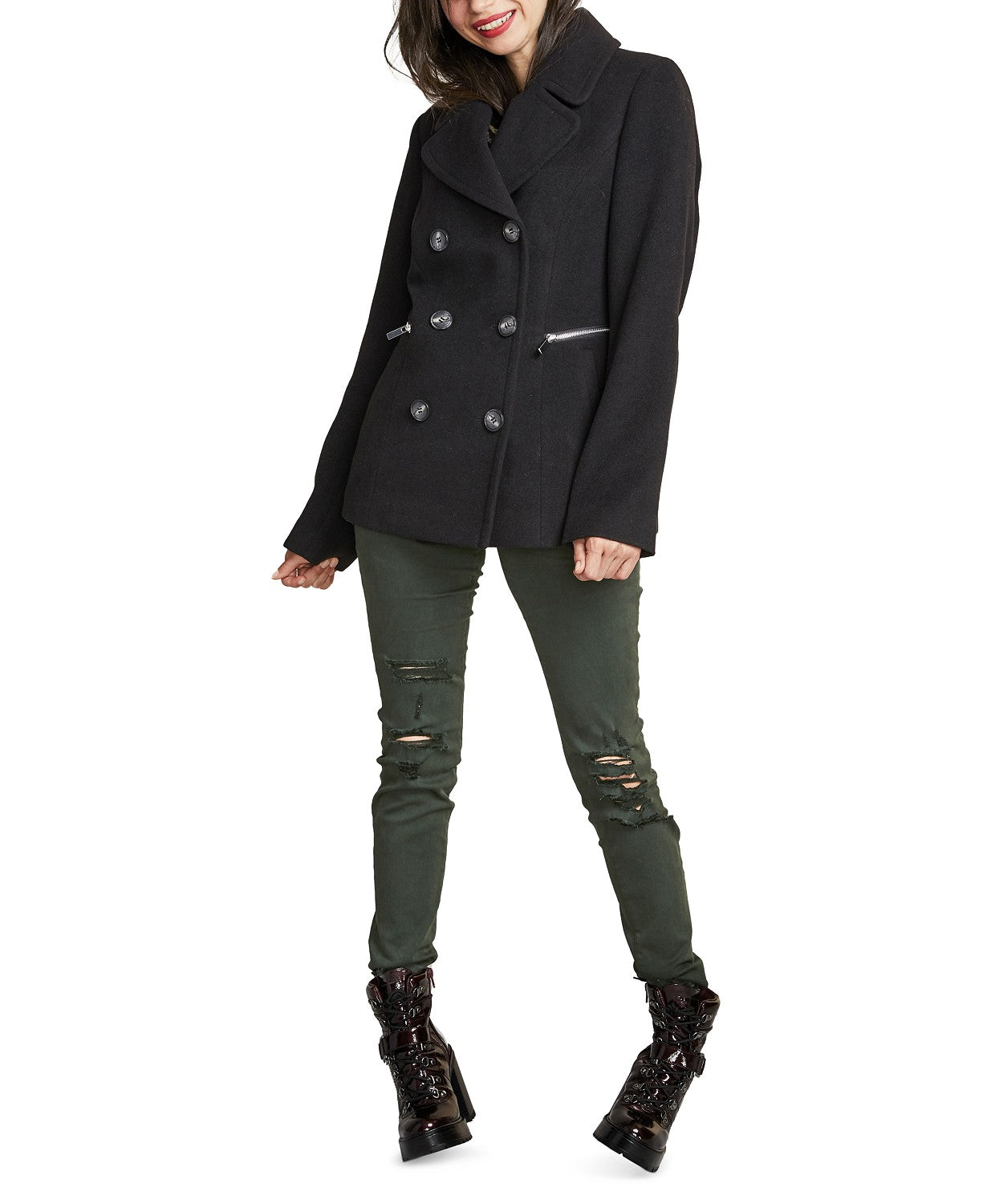 Maralyn & Me Juniors' Double-Breasted Peacoat Black Size X-Large