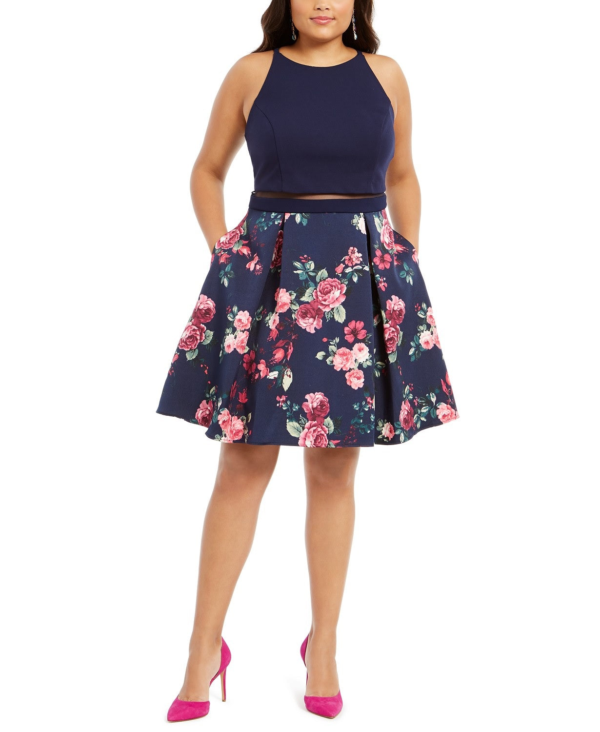 B Darlin Women's Trendy Plus Size Illusion Floral-Print Fit & Flare Dress Blue Size 18