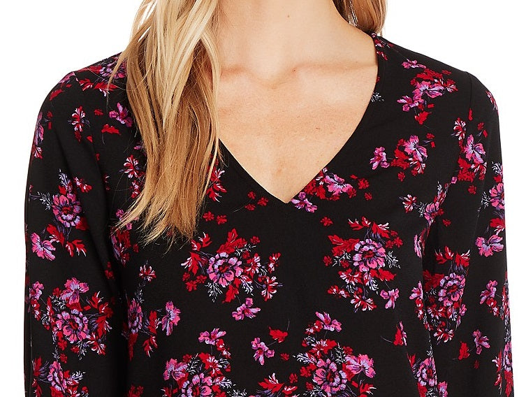Cece Women's Romantic Mystic Floral Tie Sleeve Top  Black Size Small