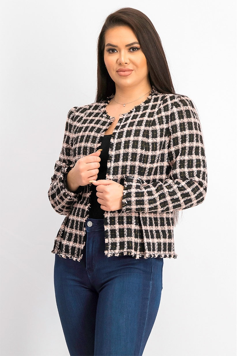 Cece Women's Grid Tweed Frayed Jacket Black Size 12