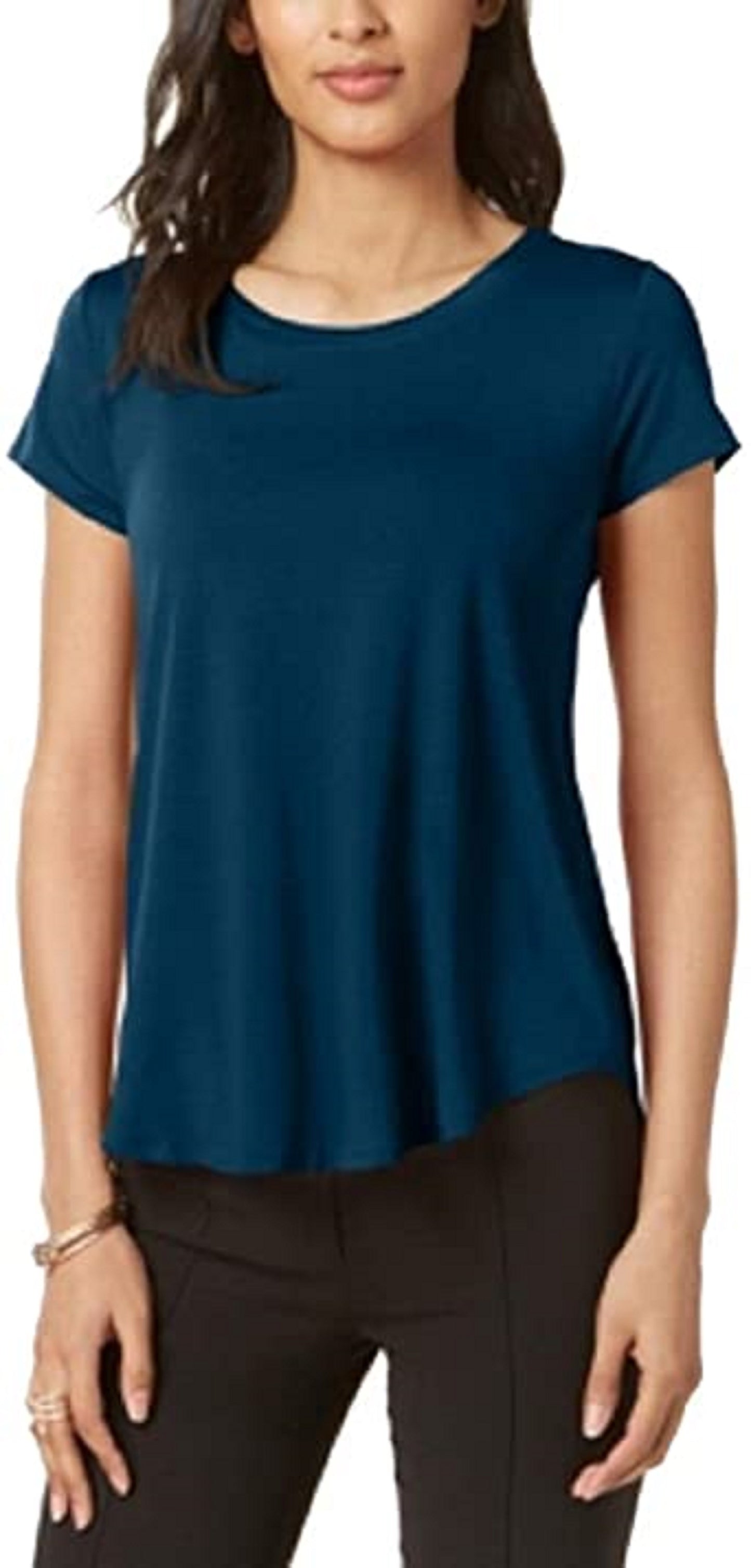 Alfani Women's Petite Satin-Trim High-Low T-Shirt Green Size Petite