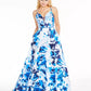 Sequin Hearts Juniors' Floral-Print Double-Strap Gown Blue Size 13