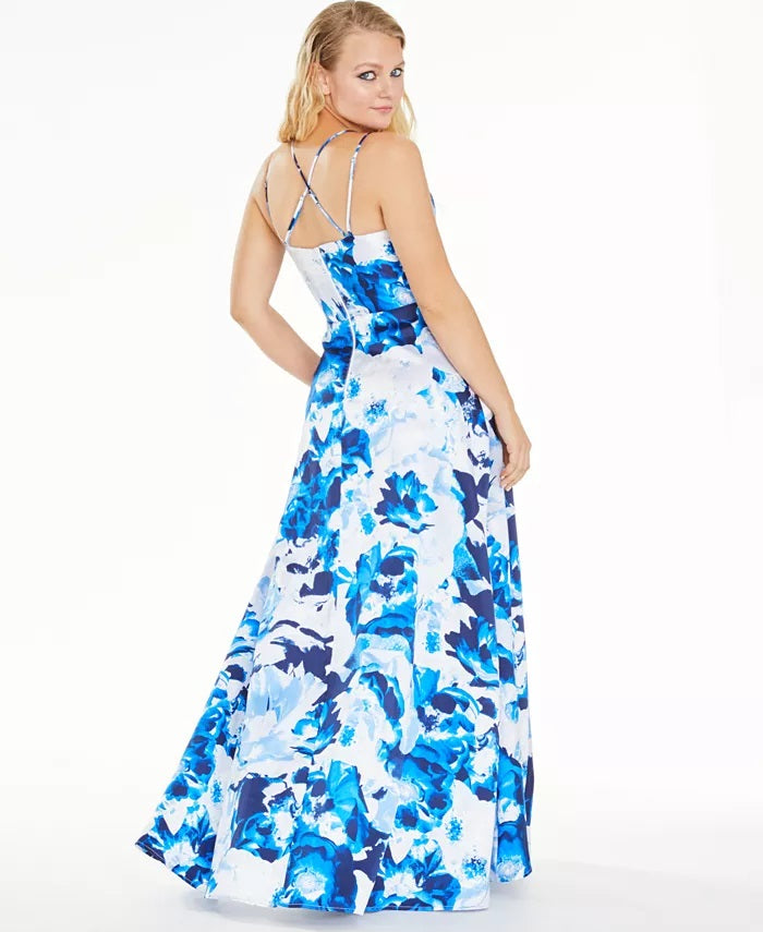 Sequin Hearts Juniors' Floral-Print Double-Strap Gown Blue Size 13