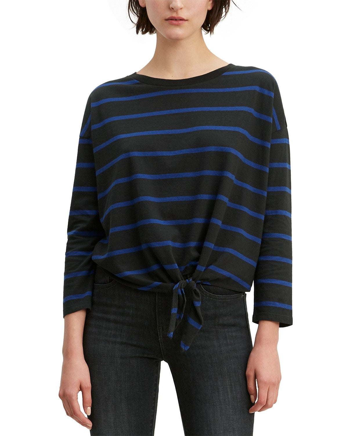 Levi's Women's Greta Striped Tie-Hem Cotton Top Black Size Large