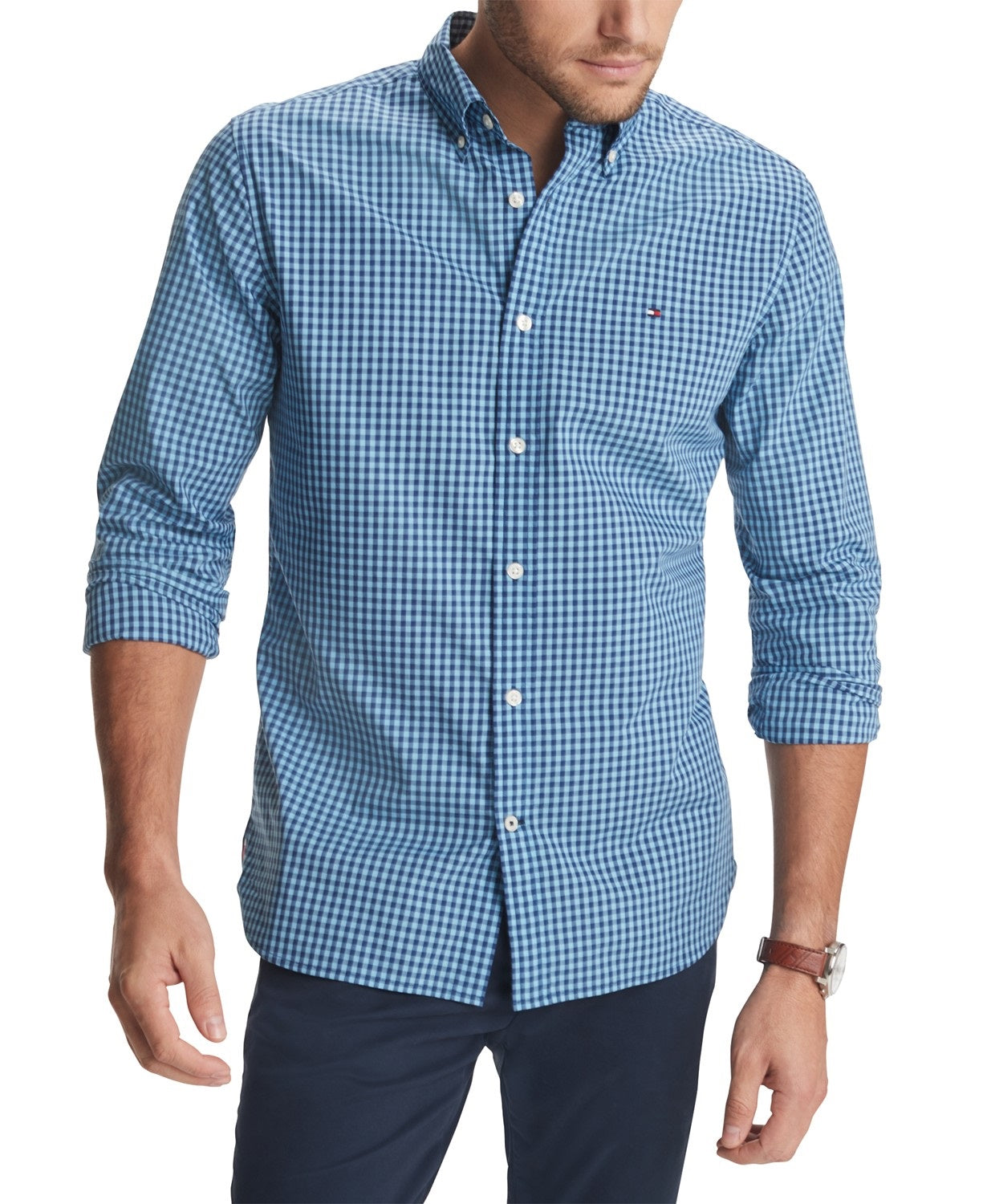 Tommy Hilfiger Men's Charles Custom-Fit Stretch Gingham Check Shirt Blue Size Small