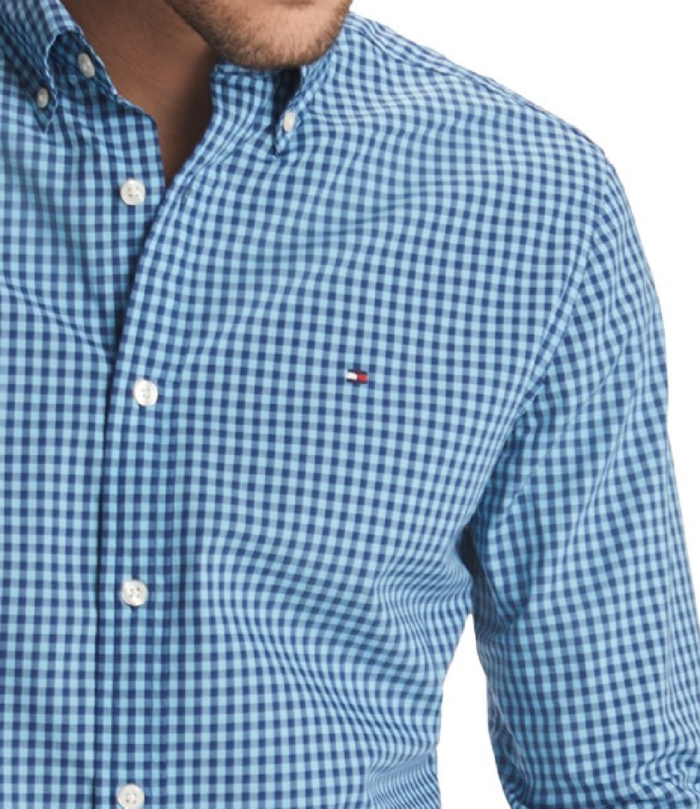 Tommy Hilfiger Men's Charles Custom-Fit Stretch Gingham Check Shirt Blue Size Small