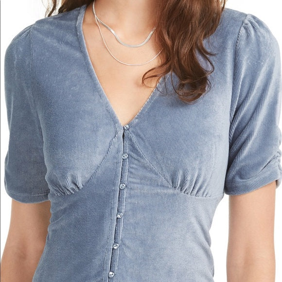 American Rag Juniors' Ruched-Sleeve Rib-Knit Velvet Top Dark Blue Size Extra Small