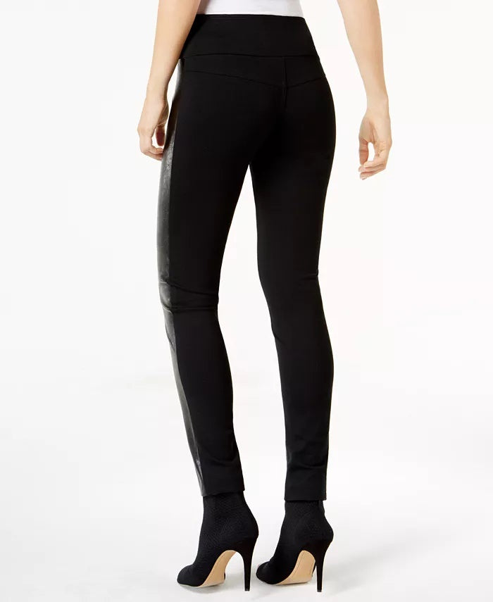 INC International Concepts Women's Petite Faux-Leather-Contrast Skinny Pants Black Size 0