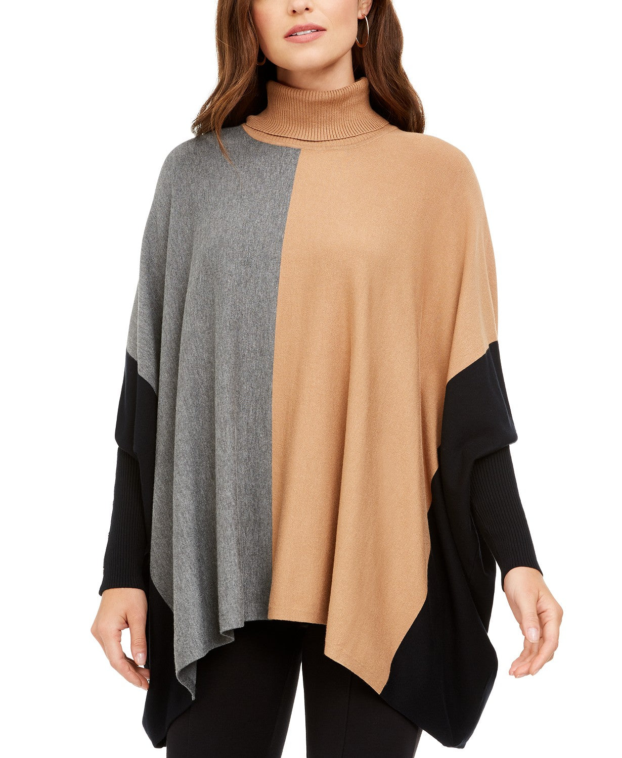 Alfani Women's Turtleneck Colorblock Poncho Sweater  Brown Size Large