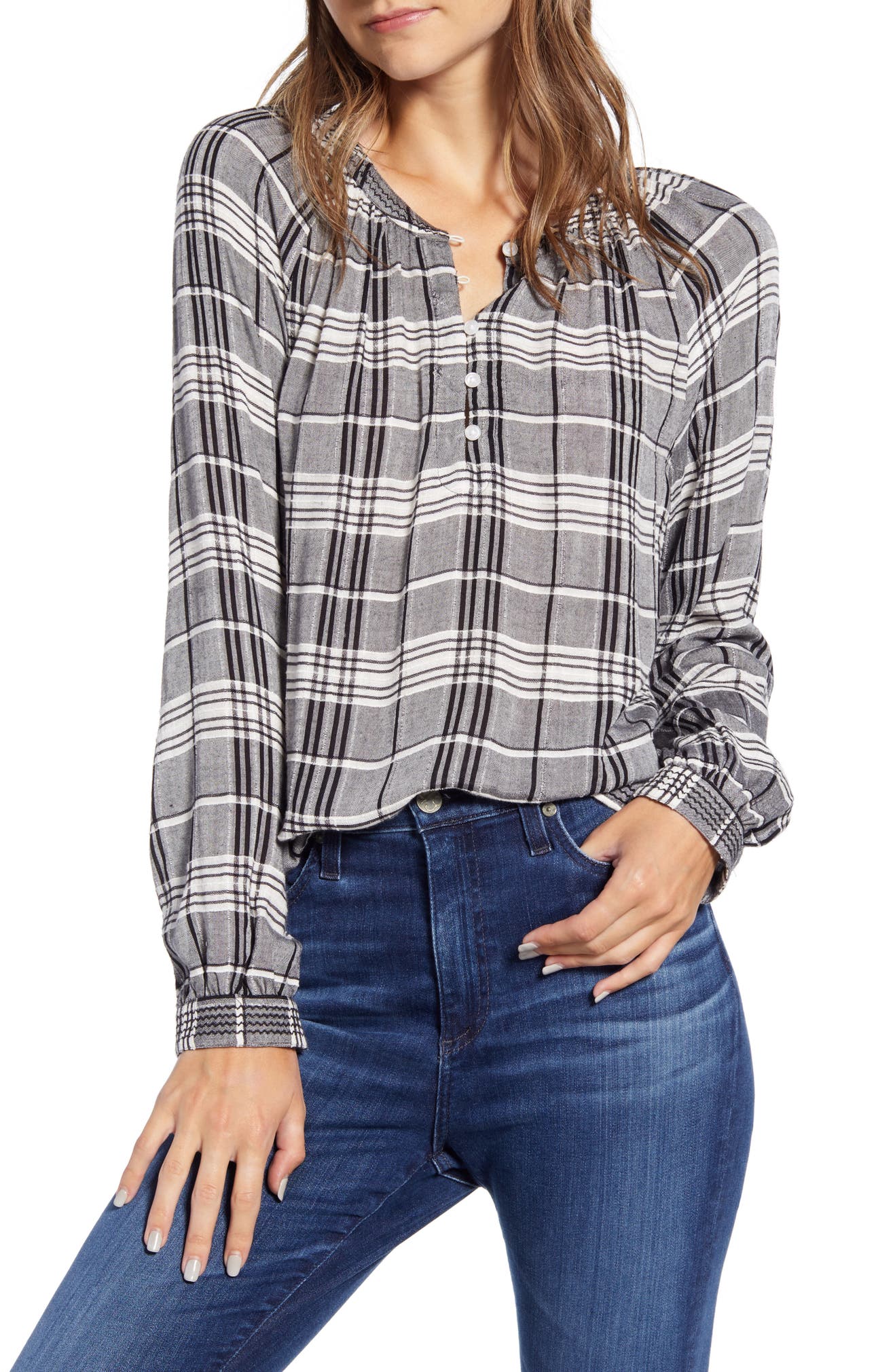 Lucky Women's Brand Jessica Plaid Popover Blouse Black Size Medium