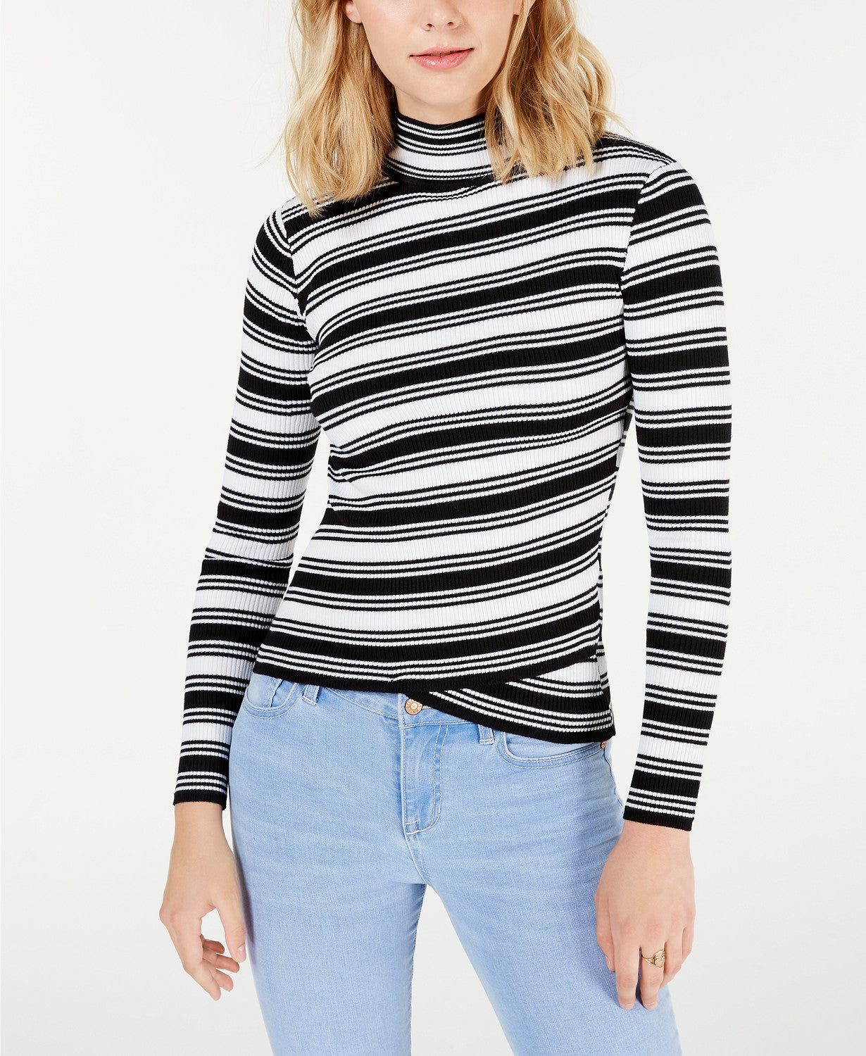 Say What Women's Juniors' Striped Crossover-Hem Mock-Neck Sweater White Size Large