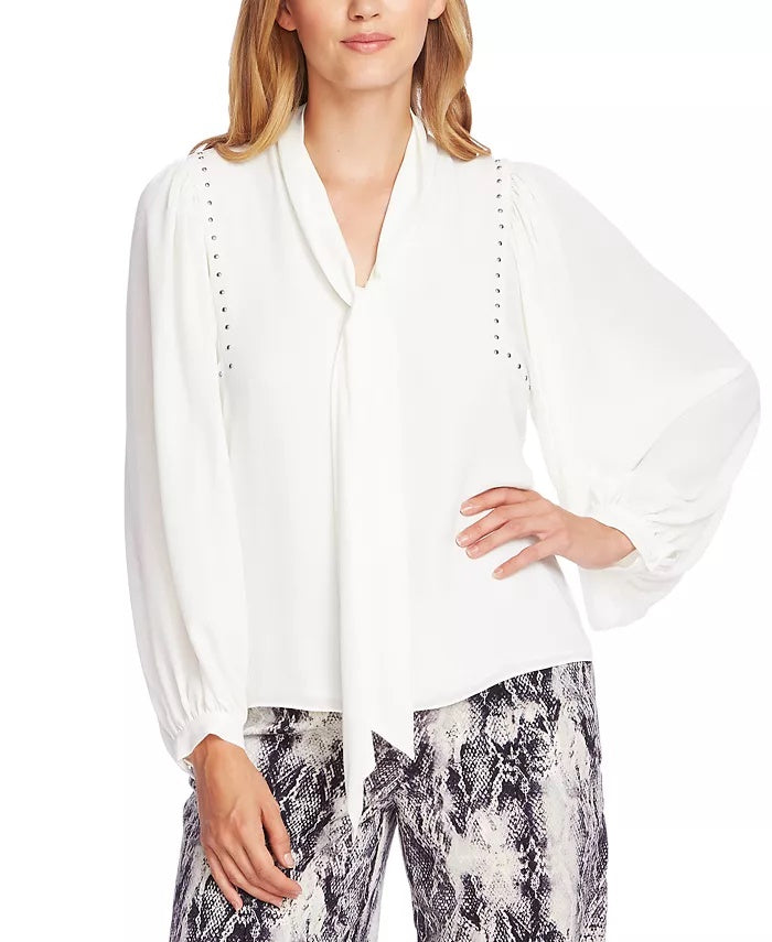 Vince Camuto Women's Stud Detail Tie Neck Long Sleeve Georgette Blouse Ivory White Size Small