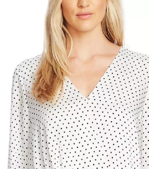Vince Camuto Women's Fiesta Dot Wrap Front Long Sleeve Hammered Satin Blouse White Size X-Large