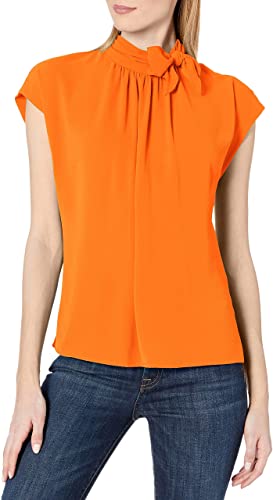 Vince Camuto Women's Shirred Tie Neck Blouse Orange Orange Size Small
