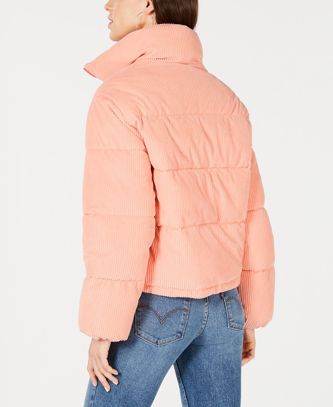 Collection B Juniors' Cropped Corduroy Puffer Coat Pink Size Large
