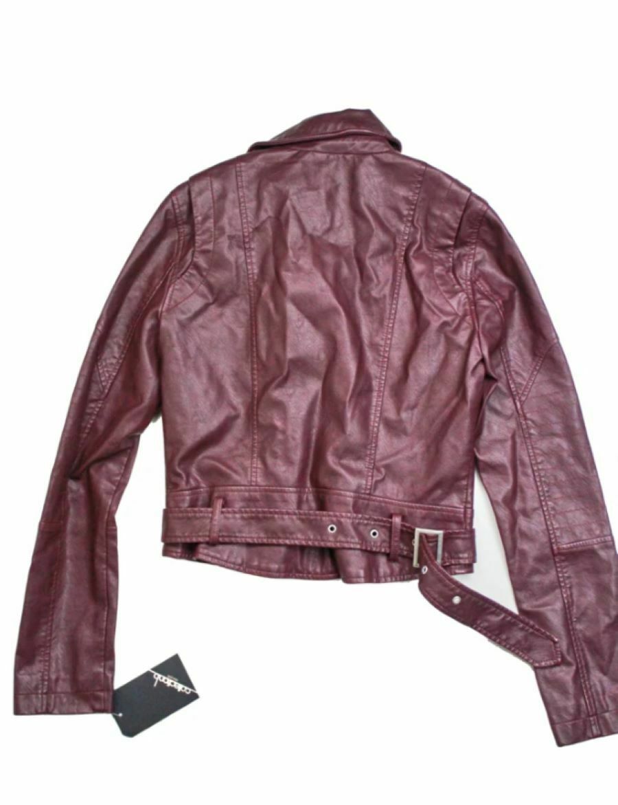 Collection B Juniors' Faux-Leather Belted Moto Jacket Wine Size Medium