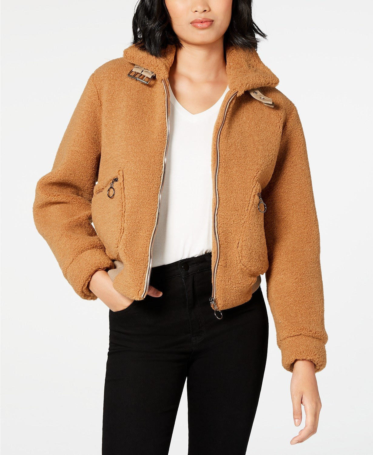 Collection B Juniors' Faux-Fur Teddy Bomber Jacket Brown