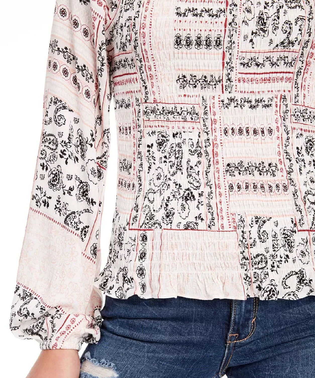 American Rag Juniors' Printed Smocked Poet-Sleeved Blouse White Size Medium