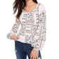 American Rag Juniors' Printed Smocked Poet-Sleeved Blouse White Size Medium