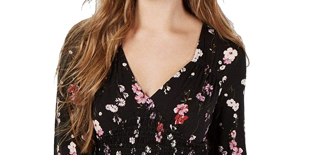 American Rag Juniors' Printed Smocked Top Black Size Small